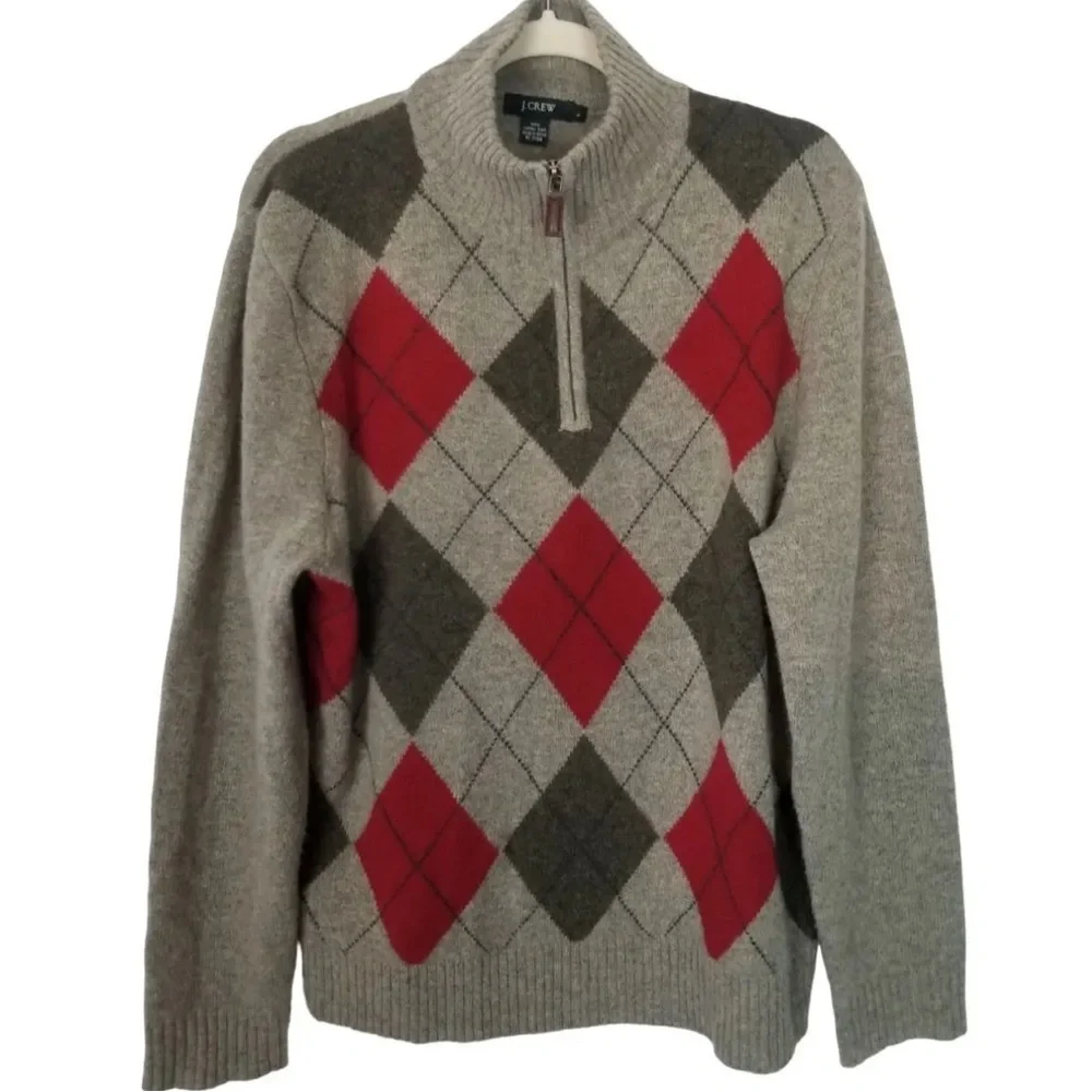 J. Crew 100% Lamb Wool Men’s 1/4 Zip Sweater in Gray and Red Argyle